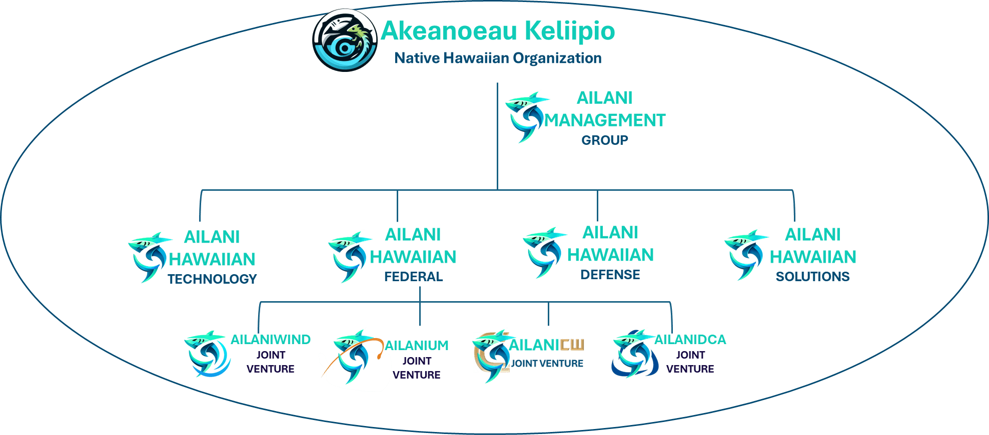 Organizational chart for Akaneoeau Kelipio, showing Ailani Management Group and its subsidiaries: Technology, Federal, Defense, Solutions, and four Joint Ventures.